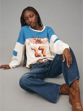 MOTHER The Champ 27 Blue & Cream Graphic Cropped Sweatshirt